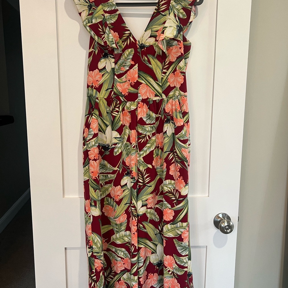Floral V-Neck Jumpsuit in Burgundy with Tropical Print